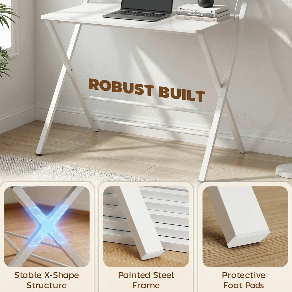 image 1 of HOMCOM Folding Desk with 2-Tier Shelf for Home Office | White