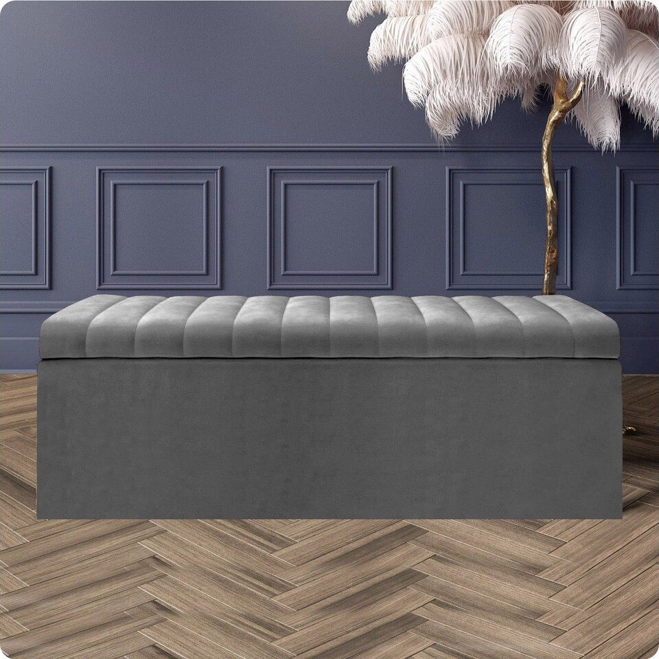 image 1 of 90cm Safar Large Striped Storage Ottoman Box, Grey Plush Velvet Upholstered Deep Storage Ottoman End of Bed Bench