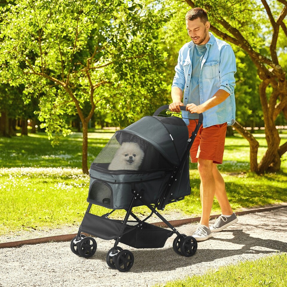 image 1 of PawHut Pet Stroller Dog Foldable Travel Carriage with Reversible Handle, Grey