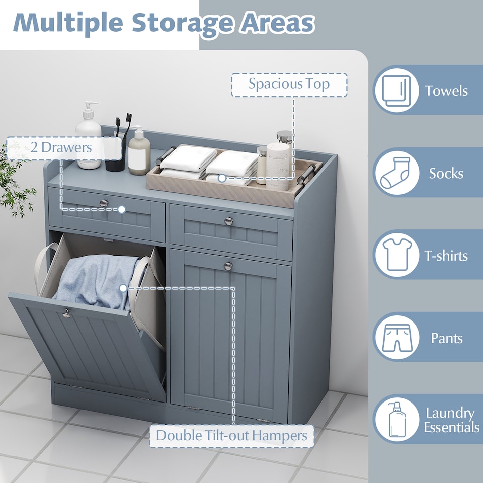 image 1 of COSTWAY Double Tilt-Out Laundry Hamper Cabinet Grey
