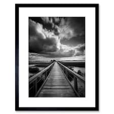 Wooden Bridge River Landscape Black White 9x7" Black Framed Wall Art Print