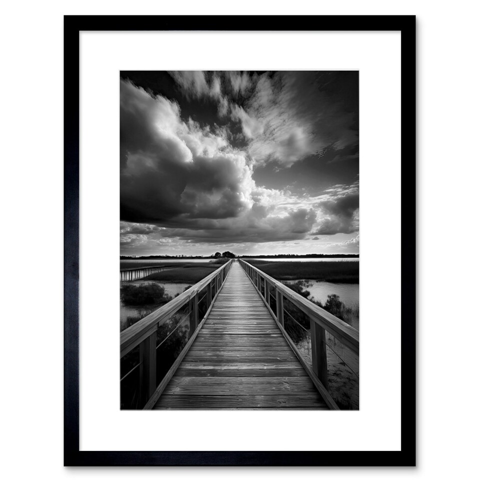 image 1 of Wooden Bridge River Landscape Black White 9x7" Black Framed Wall Art Print