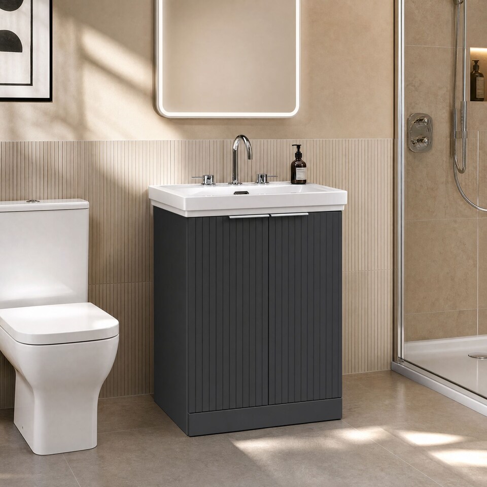 image 1 of Balterley Callingwood Contemporary Floor Standing 2 Door Vanity Unit with Traditional 3 Tap Hole Fireclay Basin , 600mm, Dark Grey