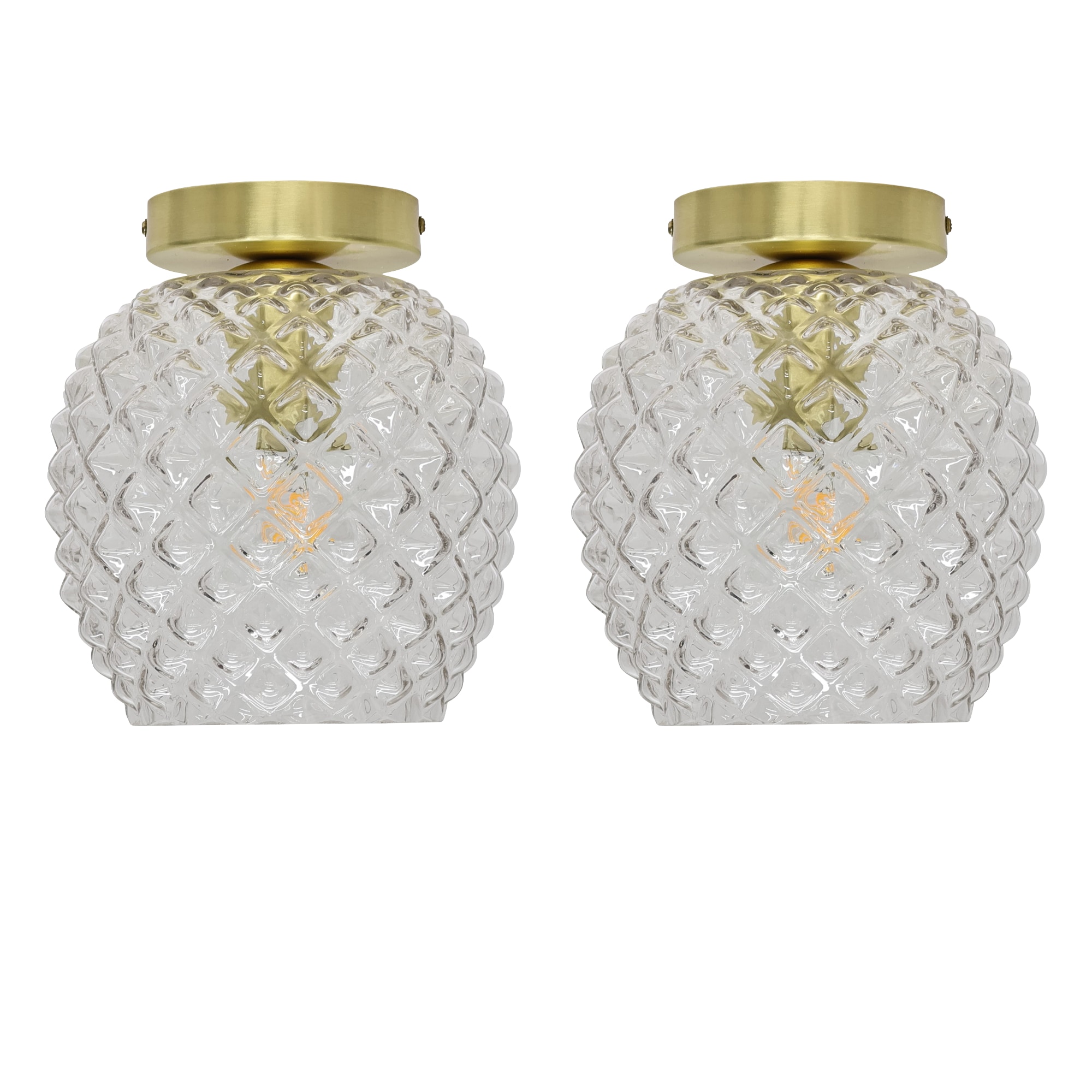 First Choice Lighting Set of 2 Baine - Textured Glass Satin Brass Ceiling Light Fittings in Clear
