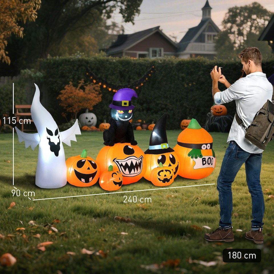 image 1 of Outsunny 8 FT Blow Up Halloween Inflatables Pumpkin Ghost and Cat Combo