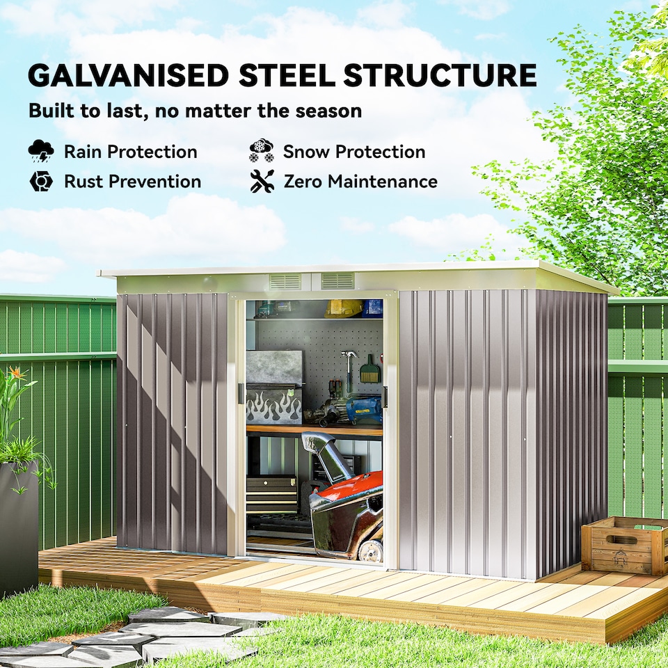 image 1 of Outsunny 9ft x 4ft Metal Garden Shed, Outdoor Tool House with Foundation Kit, Ventilations and Double Doors, Light Grey