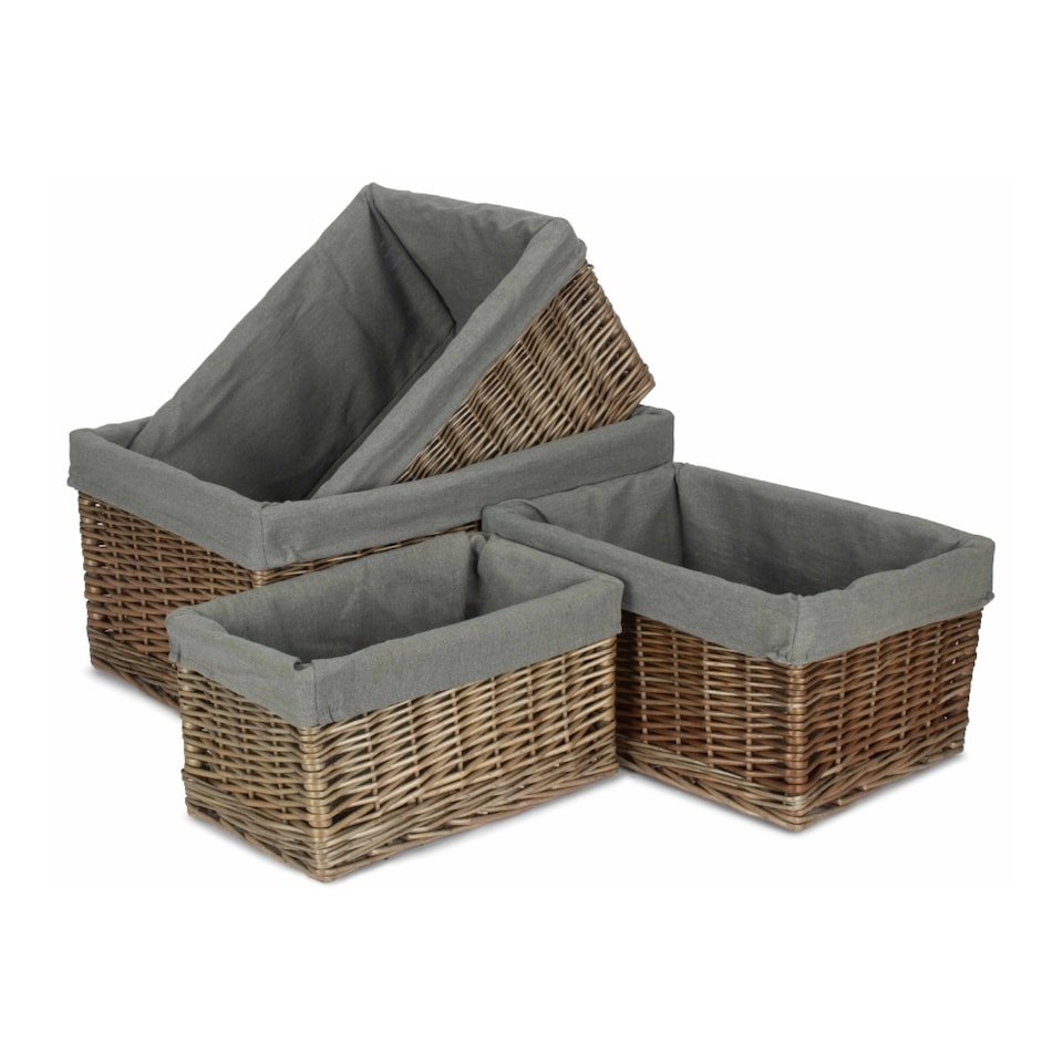 image 1 of Antique Wash Grey Cotton Grey Lined Willow Storage Baskets Set of 4 | Grey | Grey | Not provided