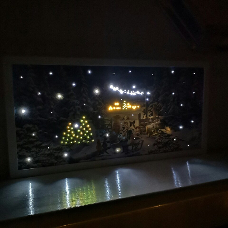 image 1 of 30cm x 60cm Battery Operated Fibre Optic Winter Dogs Watching Santa Sleigh Scene Touch Activated Christmas Canvas