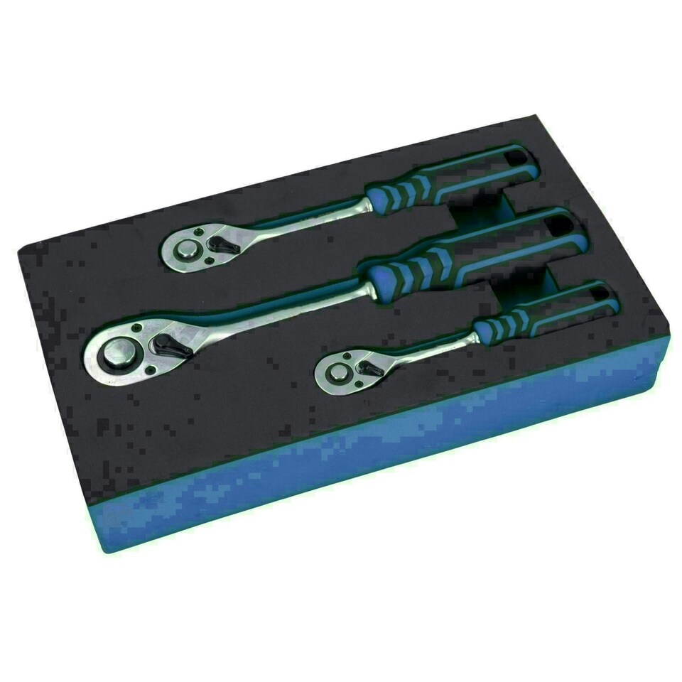image 1 of 1/4in 3/8in 1/2in Drive Ratchets Straight Handle 90 Teeth Quick Release 3pc Set