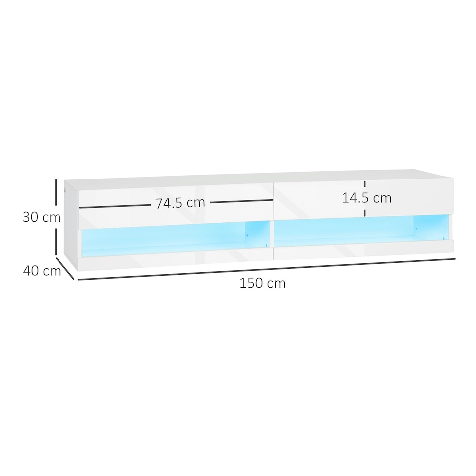 image 1 of HOMCOM High Gloss TV Stand Unit Wall Mounted with LED Lights, White