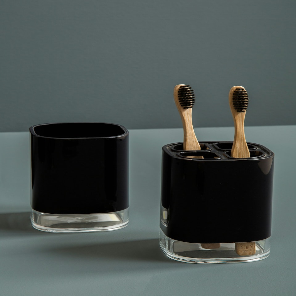 image 1 of Interiors by Premier Black Acrylic Toothbrush Holder, Curved Brush Holder With Translucent Base, Washroom Accessory Holder