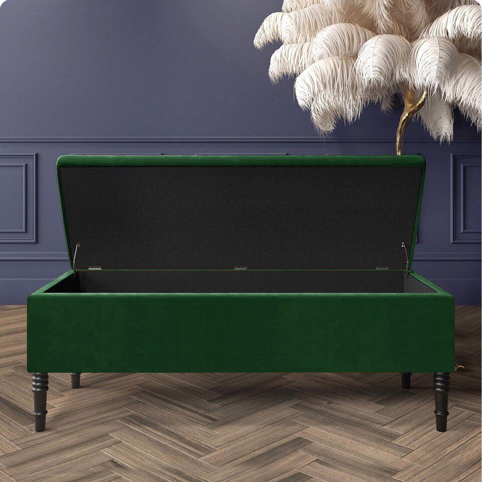 image 1 of Paris Plain 137cm Ottoman Storage Bench - Plush Velvet Shoe Bench - Forest Green Upholstery Footstool with Storage