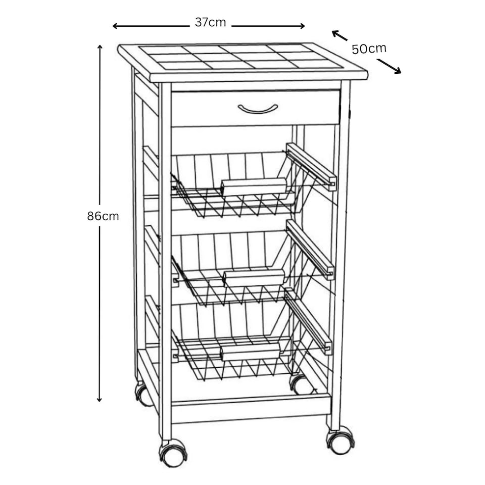 image 1 of Rolling Kitchen Island Trolley Serving Cart White Tile Top Drawer Shelves Basket | White | White | 1
