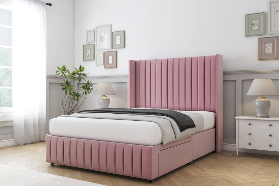 image 1 of Sloomy Marlborough Pink Plush Divan Bed Base No Drawers With 54 Inch Wingback Headboard & 12 Inch Matching Footboard | Pink | Pink | Small Single | 1