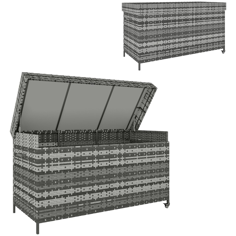 image 1 of Outsunny 627 L Rattan Garden Storage Box with Gas Lift Lid and Wheels Grey | Dark Grey | 153 x 69 x 85 cm
