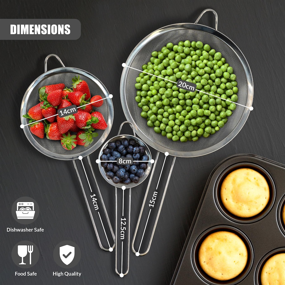 image 1 of GEEZY Fine Mesh Sieve Set of 3 Stainless Steel Strainers for Kitchen Baking Cooking