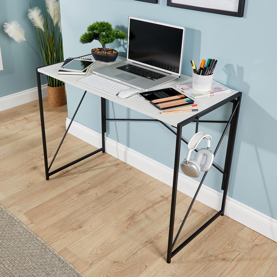 image 1 of Folding Compact Desk Storage Hook Wood Metal Office Computer Table Workstation | White