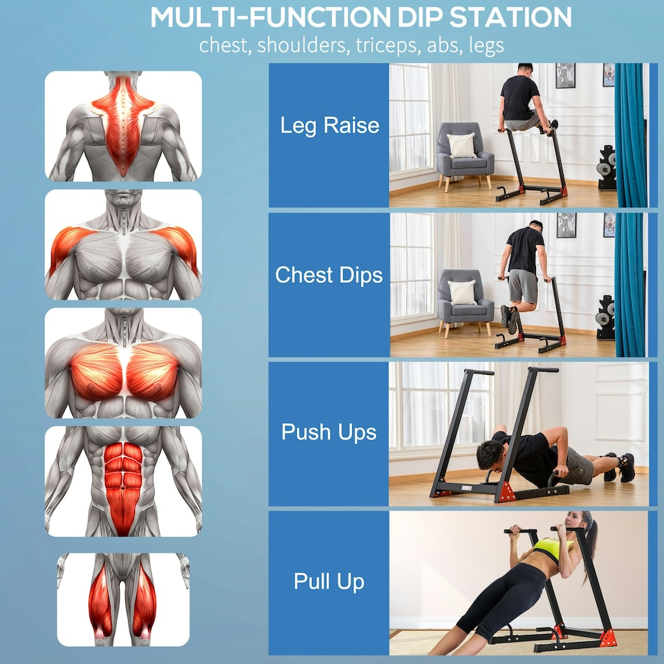 image 1 of HOMCOM Upper Body Dip Stand Station Workout Equipment for Pull Ups, Push Ups