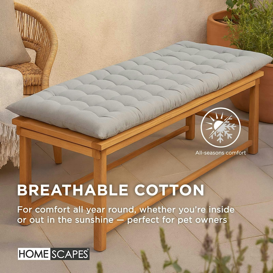 image 1 of Homescapes Garden Bench Cushion Luxury 3 Seater 100% Cotton Indoor Outdoor Seat Pad Grey | 143 x 48 cm