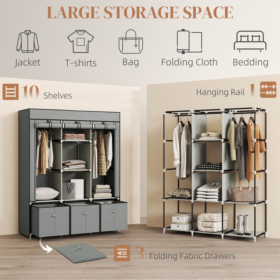 image 1 of HOMCOM Fabric Wardrobe for Bedroom, Portable Wardrobe with 5 Shelves, 2 Hanging Rails and 3 Fabric Drawers, Foldable Closet, 125 x 43 x 162.5cm, Light Grey | Grey | Light Grey