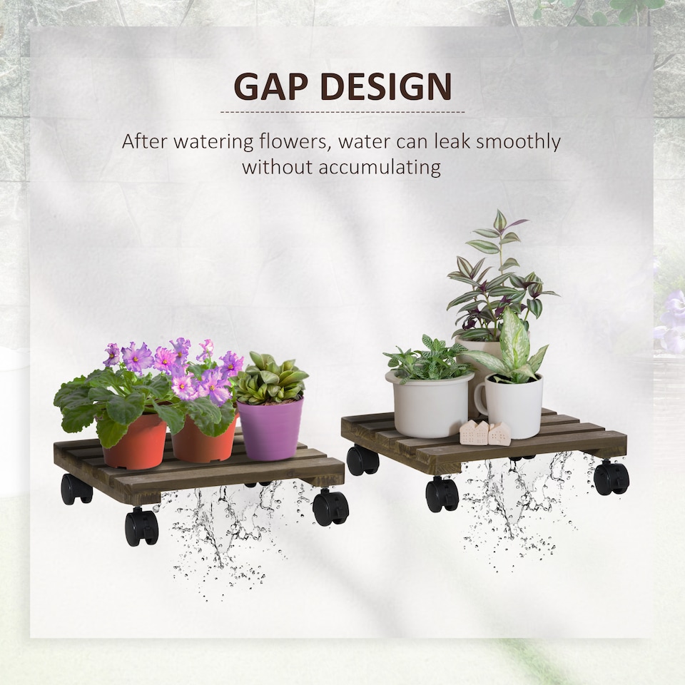 image 1 of Outsunny 2 Pack Plant Caddy with Wheels, Square Wooden Plant Pot Trolley | Brown | Dark brown | 30 x 30 x 7 cm