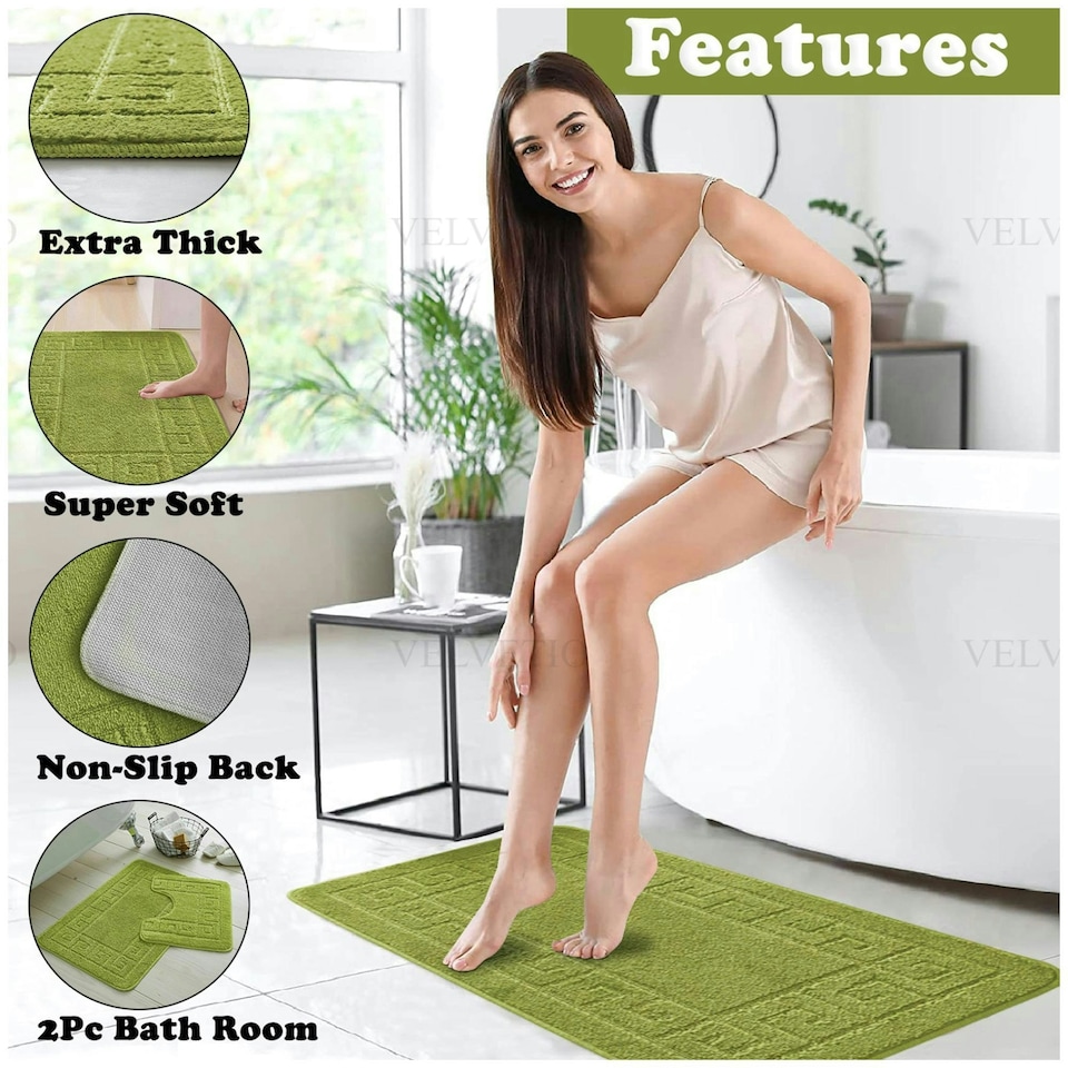 image 1 of VELVETIO Greek Bath Mat & Pedestal Mat Water Absorbent Non Slip Toilet Rugs Green