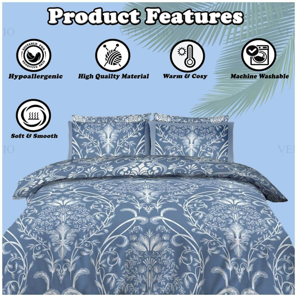 image 1 of VELVETIO Dorothy Damask Complete Duvet Cover Set with Fitted Sheet Soft Printed Bedding Bedset Blue | Double