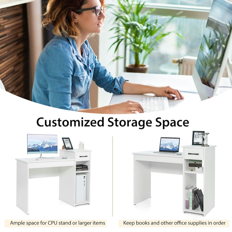 image 1 of COSTWAY Computer Desk with Drawer Compact Study Desk White White