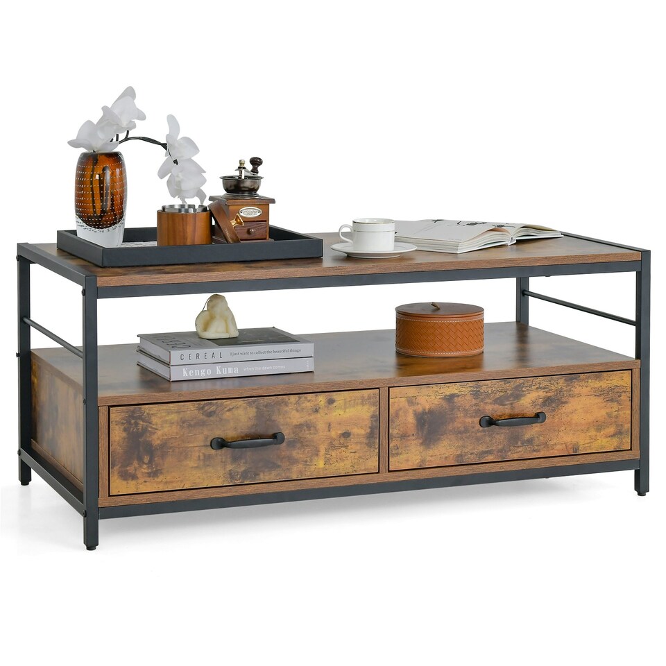 image 1 of COSTWAY Industrial Coffee Table Wooden Center Table with 2 Drawers | Brown
