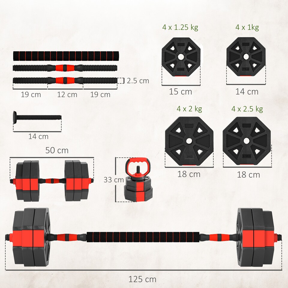 image 1 of SPORTNOW 6-in-1 Adjustable Weight Dumbbells Set, 30kg Free Weights Set, Red | Red