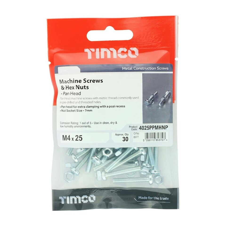 image 1 of Timco - Machine Screws - PZ2 - Pan & Hex Nuts - Zinc (Size M4 x 25 - 30 Pieces)