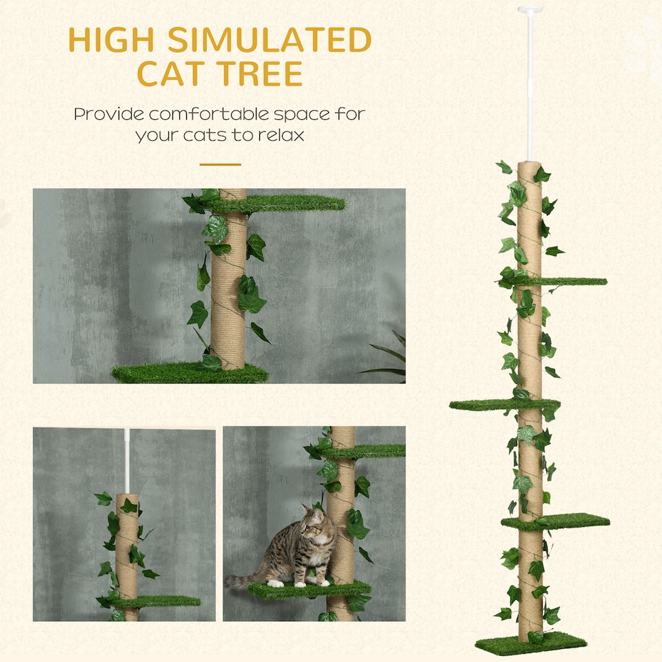 image 1 of PawHut 242cm Floor to Ceiling Cat Tree with Leaves Scratching Post, Green