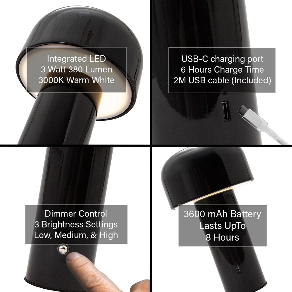 image 1 of Gloss Black Modern Mushroom Style Rechargeable LED Touch Dimmable Table Lamp | Black | Black | 1
