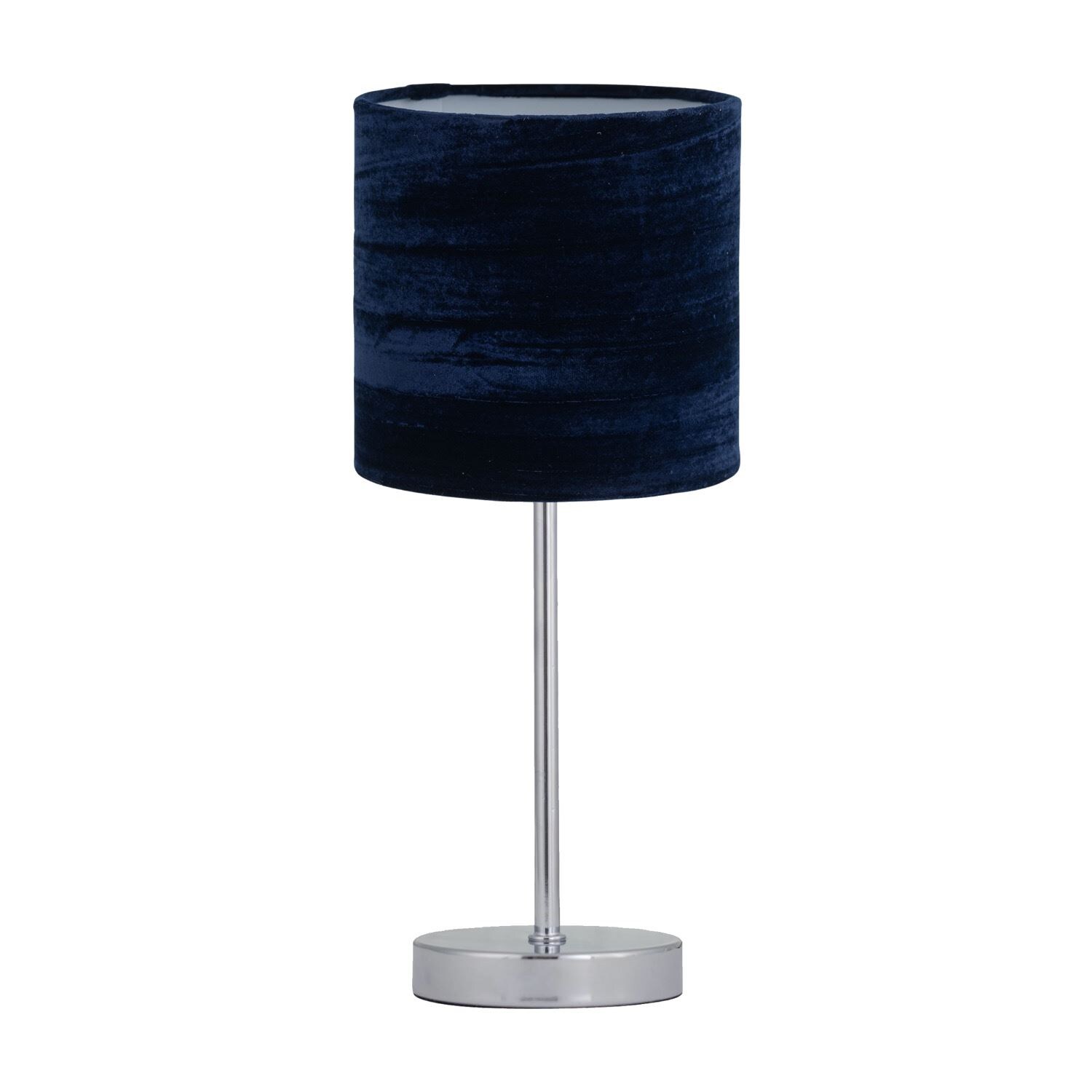 First Choice Lighting Chrome Stick Table Lamp with Navy Blue Crushed Velvet Shade in Silver