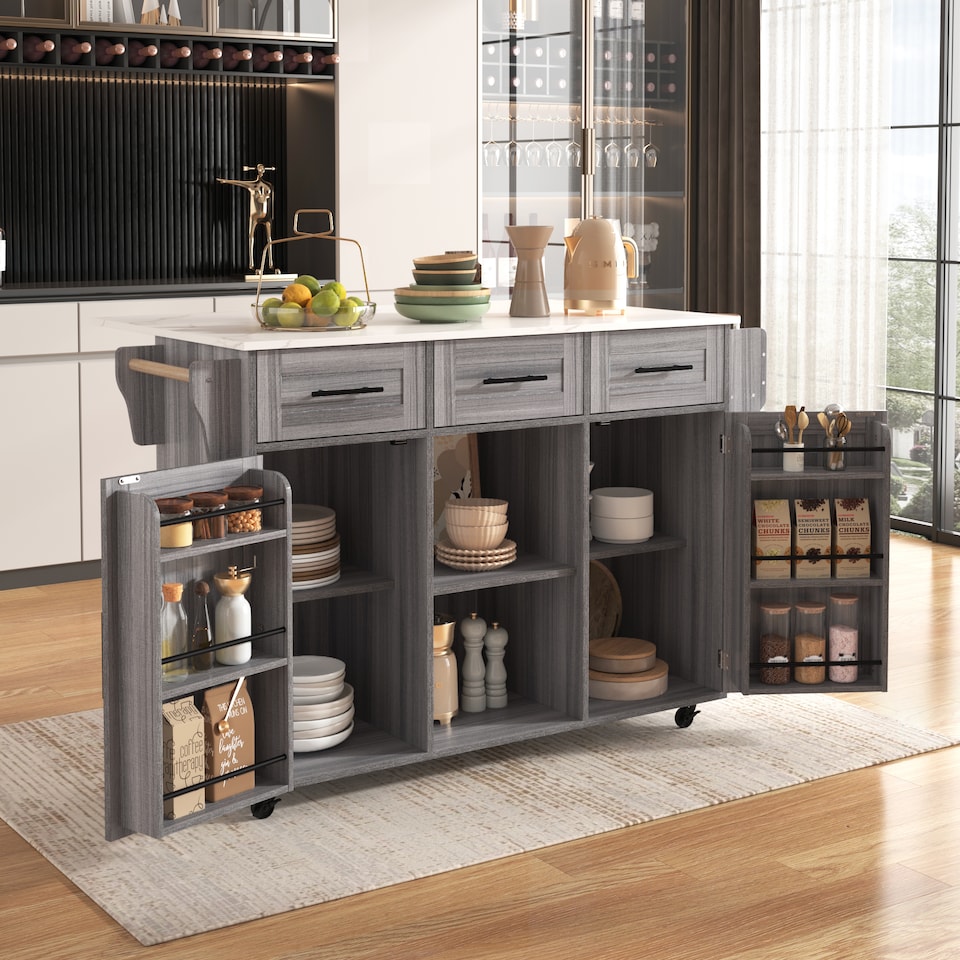 image 1 of VILUXE Mobile Kitchen Island with Foldable Marble-Effect Worktop, 3 Drawers, Adjustable Storage, Towel Holder, Wheels and Solid Wood Feet, Grey