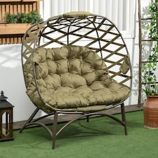 Outsunny Egg Chair Outdoor, 2 Seater Folding Weave Garden Furniture Chair with Cushion, Cup Pockets for Patio Balcony - Khaki