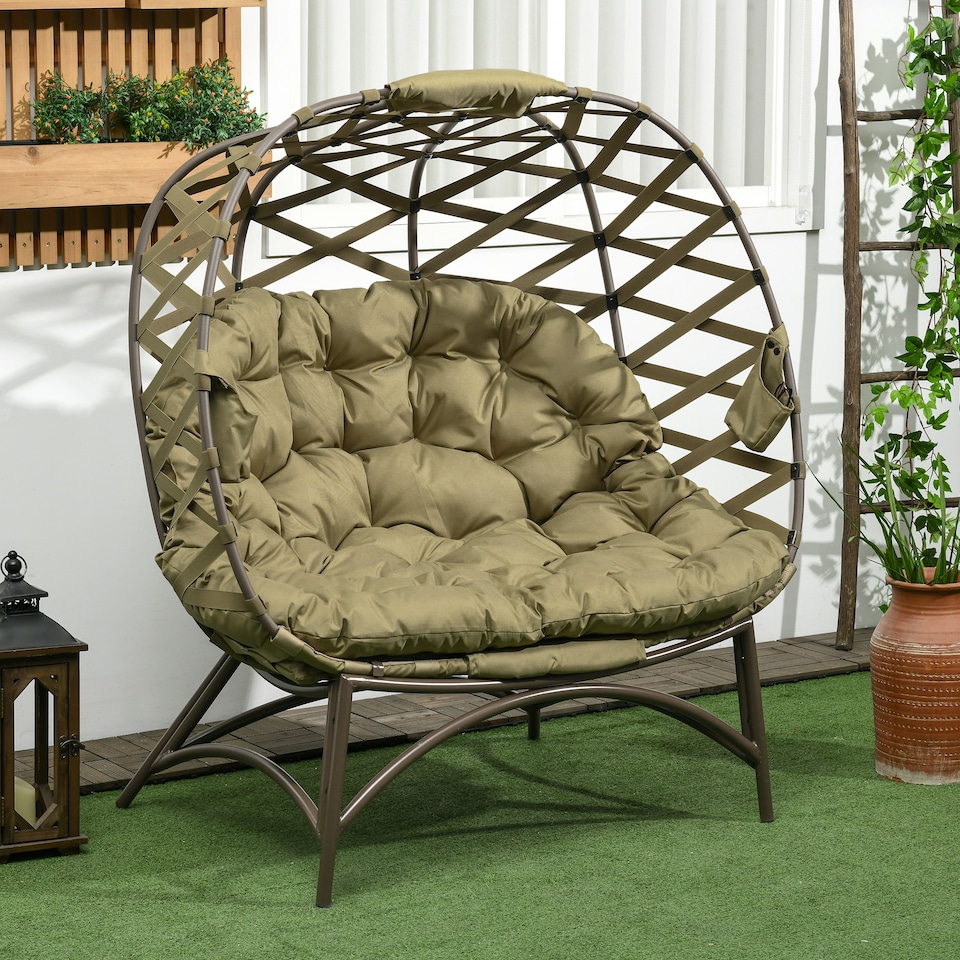 image 1 of Outsunny Egg Chair Outdoor, 2 Seater Folding Weave Garden Furniture Chair with Cushion, Cup Pockets for Patio Balcony - Khaki