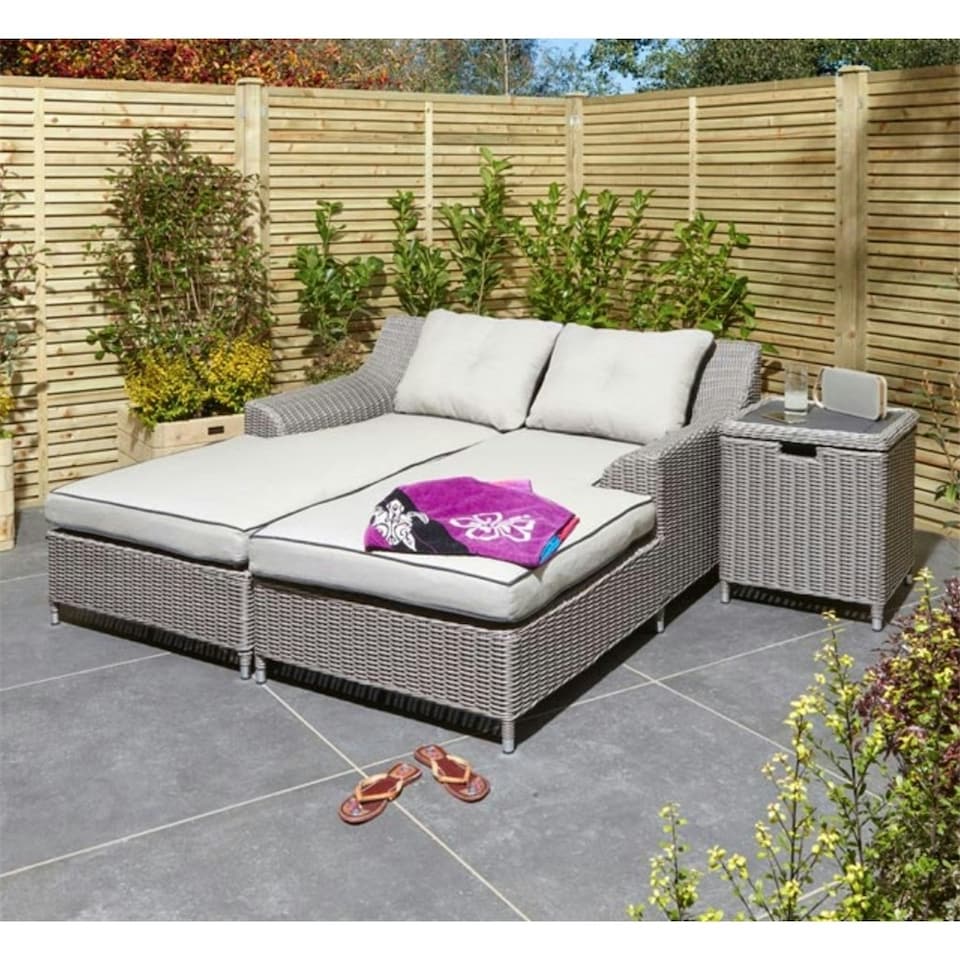 image 1 of 2 Seater Natural Stone Rattan Weave Garden Sun Lounger Set