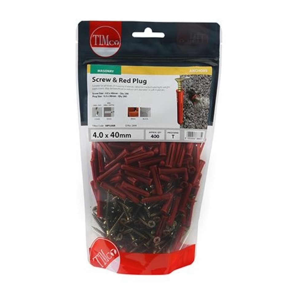 image 1 of Timco - Red Plastic Plugs with Screws (Size 30mm Red Plug, 4.0x40 Screw - 200 Pieces)