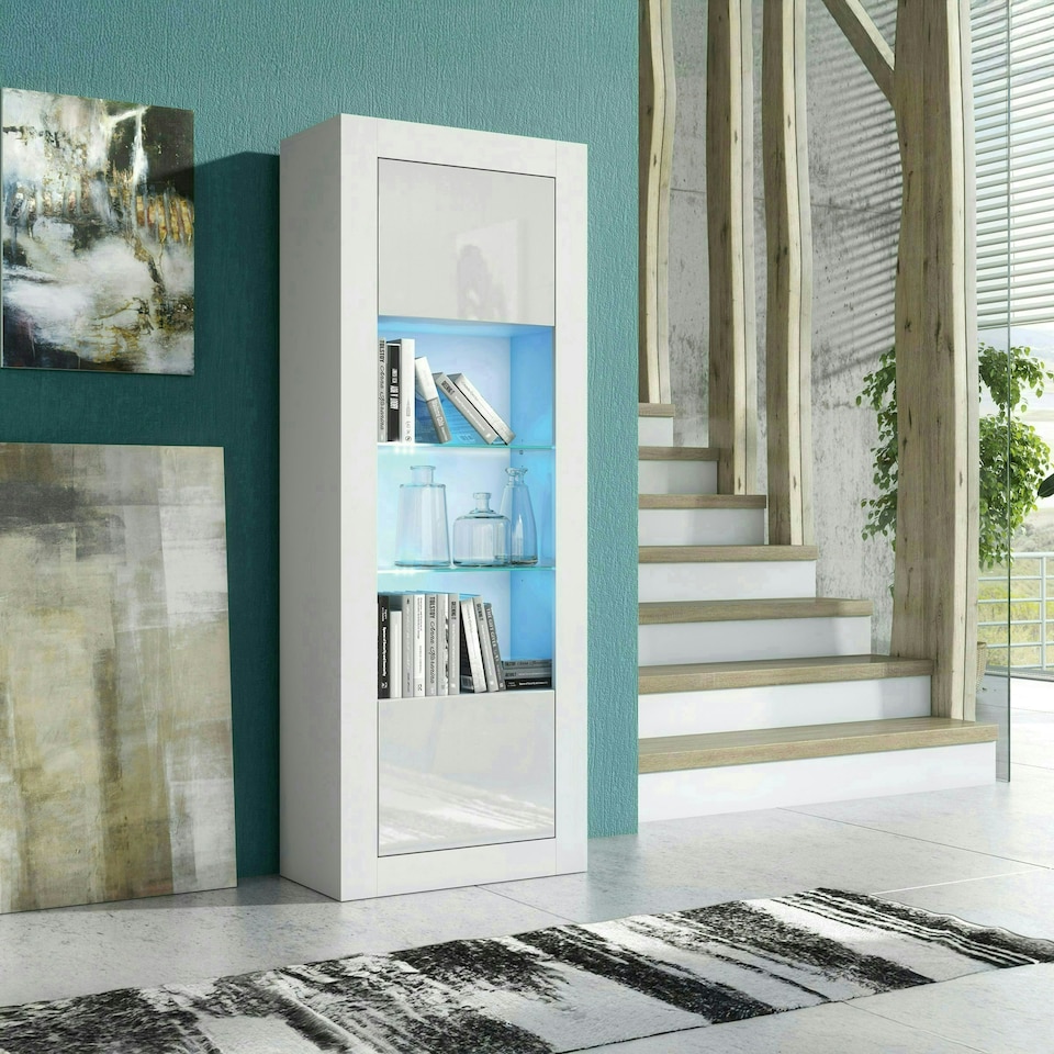 image 1 of Tall Cabinet 170cm White Gloss Doors White Matt Body Free LED Light | White