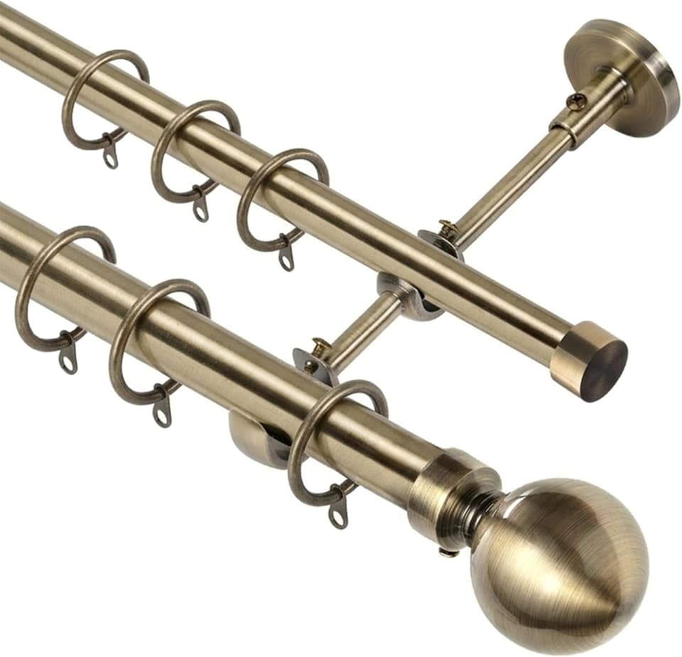 image 1 of Lister Cartwright Double Curtain Extendable Pole Set with Antique Brass Ball Finials- 19mm & 28mm Metal Poles(120- 320 cm)