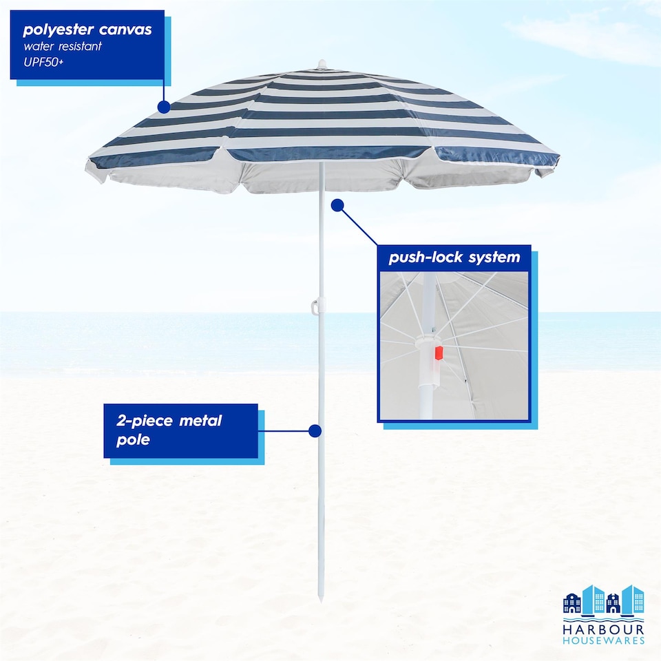 image 1 of Harbour Housewares Metal Beach Parasol - 1.8m  - Red Stripe