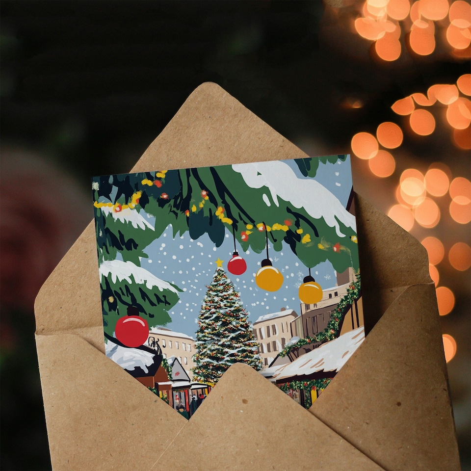 image 1 of Festive Holiday Market Decorated Tree Blank For Him Or Her Art Xmas Festive Christmas Card