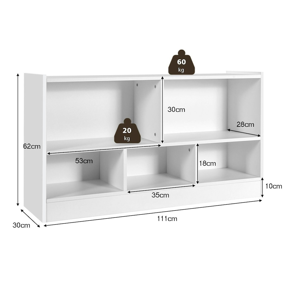 image 1 of COSTWAY Kids Storage Shelf 5-Cubby Wooden Bookcase White | White