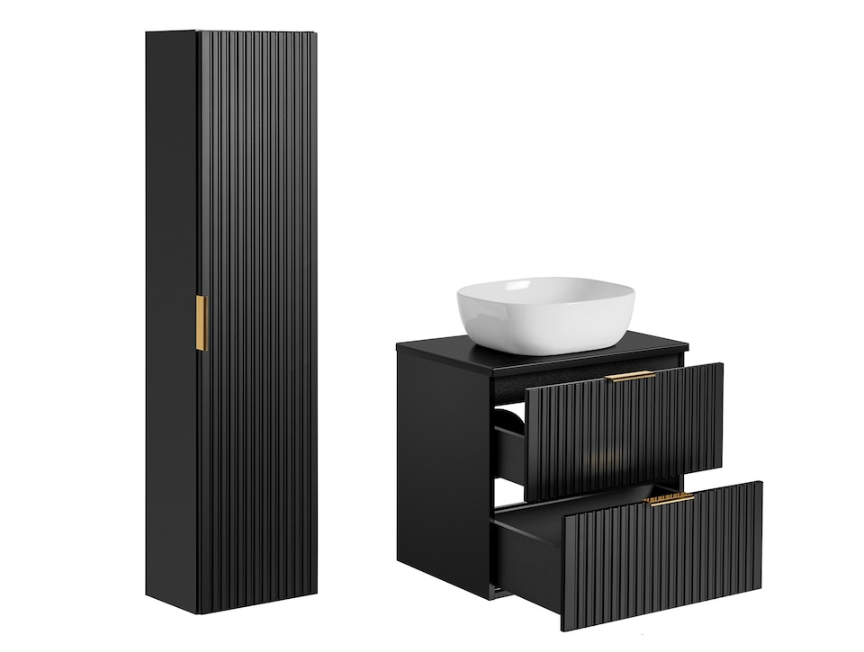image 1 of Bathroom 600mm Vanity Unit with Countertop and Sink Floating Complete Modern Set Ribbed Textured Black - Adel