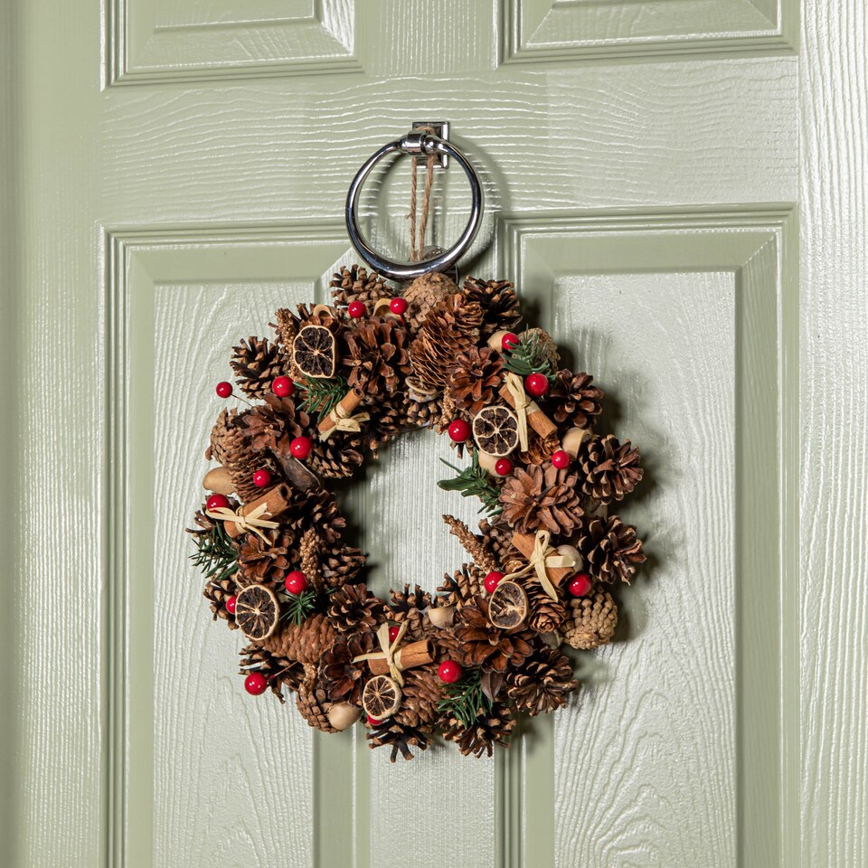 image 1 of 36cm Winter Spice Hanging Christmas Wreath with Pine Cones Red Berries & Dried Fruit