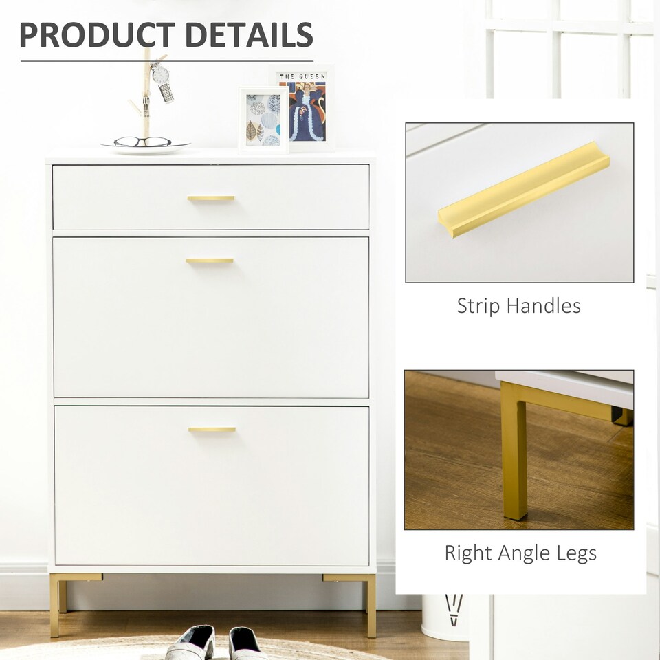 image 1 of HOMCOM Shoe Storage Cupboard with 2 Flip Doors and Sliding out Drawer, White