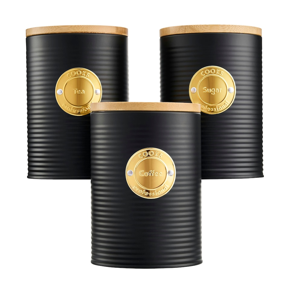 image 1 of Cooks Professional 3 Piece Ribbed Tea, Coffee, & Sugar Cannisters with Bamboo Lids | Stainless Steel Kitchen Storage Bins | Black & Gold