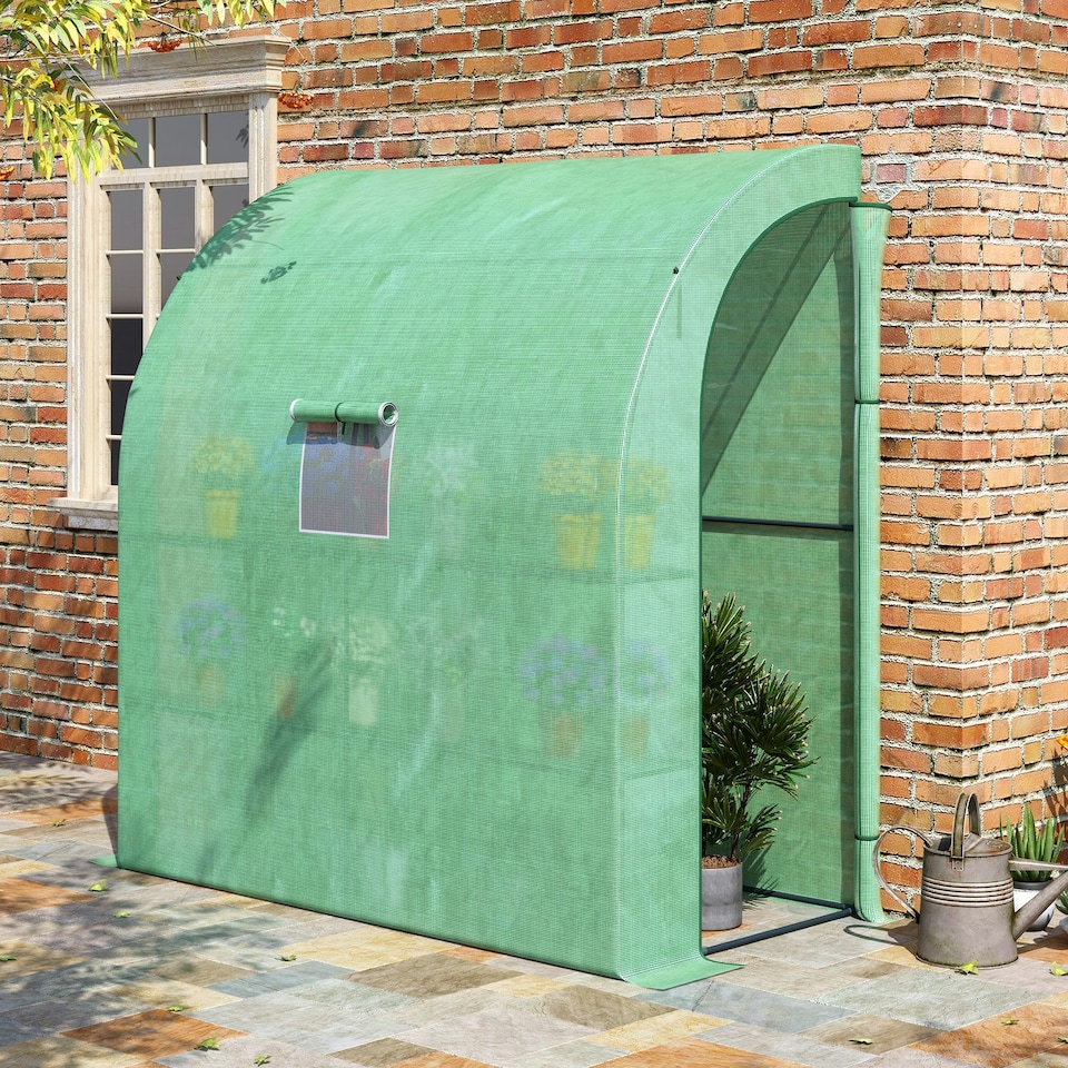 image 1 of Outsunny Walk-In Lean to Wall Greenhouse w/Window&Door 200Lx 100W x 215Hcm Green
