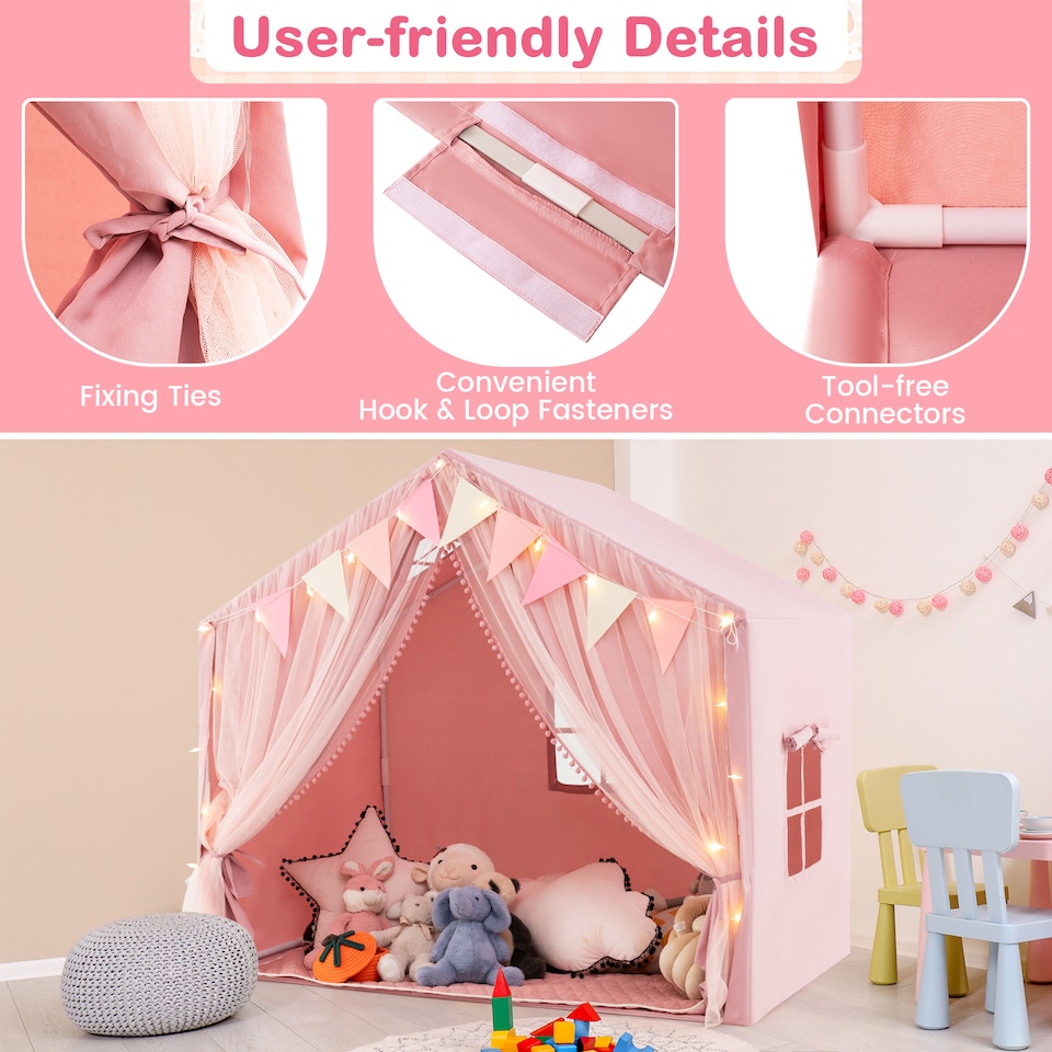 image 1 of COSTWAY Kids Play Tent 3-4 Kids Large Play Tent House w/Screen Curtains-Pink